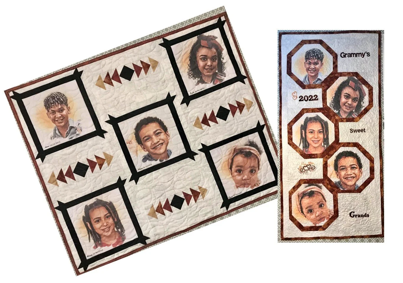 These caricature portraits of my grandchildren were custom-designed and printed at a local t-shirt shop, capturing each child’s unique facial features and expressions. The prints vary in size, shape, and orientation—adding visual interest and movemen