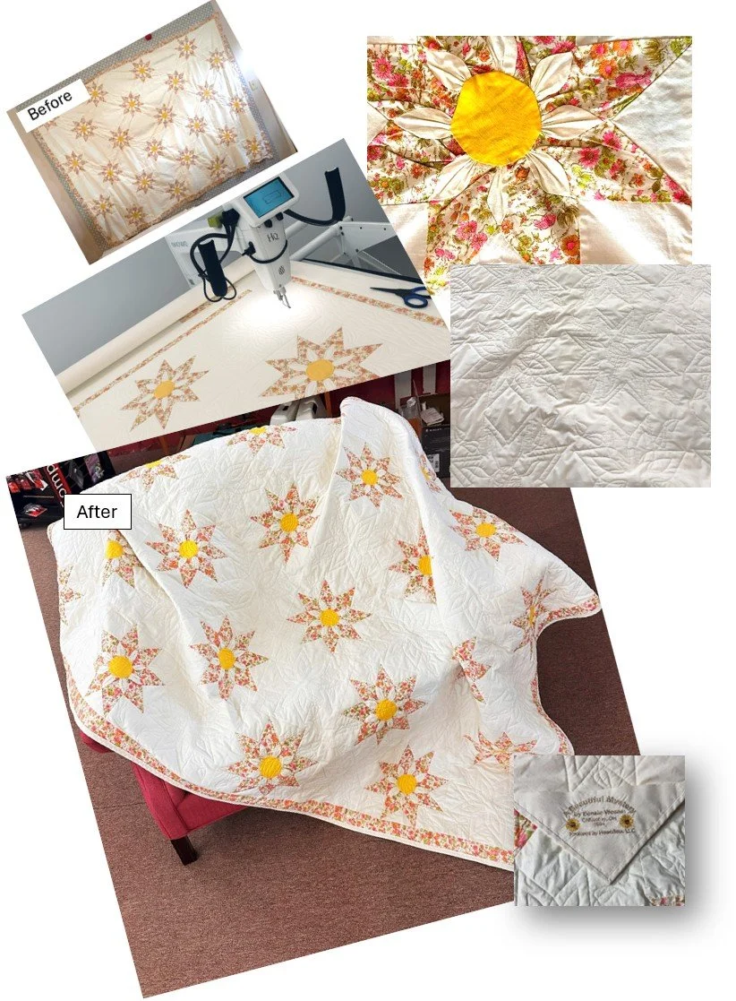 A restoration can bring life back into a well-loved quilt. This treasure was an incomplete quilt top created by the hands of a loved one long passed. Breathing life into this treasure will ensure a bright future, carrying with it the love and warmth 