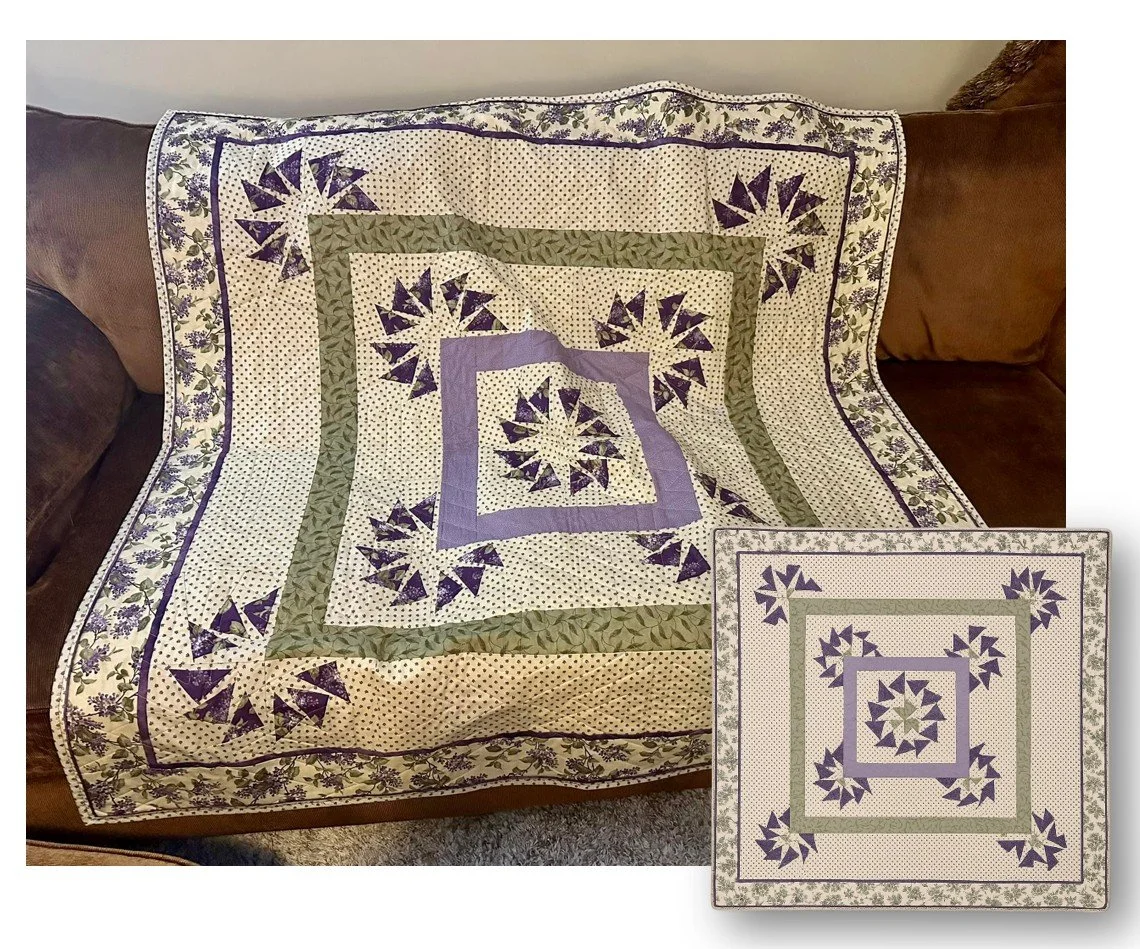 Crafted from the cherished remnants of another project, this piece evokes a formation of circling geese—bringing a fresh twist to the classic flying geese motif. The interplay of lavender and olive green adds harmony and movement, enhancing the visua