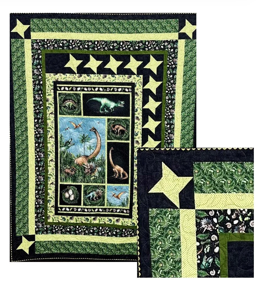 A one-of-a-kind quilt brought to life with a ferocious dinosaur panel and a claw-inspired edge-to-edge stitching motif—crafted to thrill the imagination of a budding paleontologist. Finished with playful rick rack trim evoking razor-sharp teeth, this