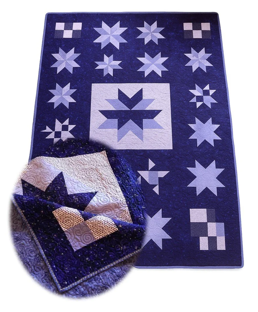 This quilt was created using a selection of purple-toned fabrics selected by a cherished family member, featuring star blocks in various shapes and sizes to highlight piecing variety. Metallic and shimmer fabrics were incorporated to enhance the visu