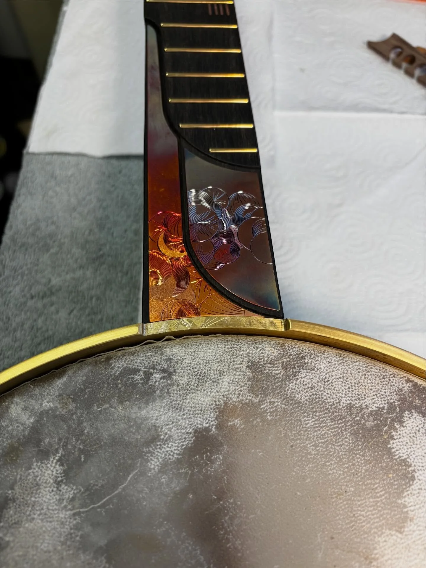 This weeks banjo, getting ready to head home. #luthier #banjo #clawhammer #copper