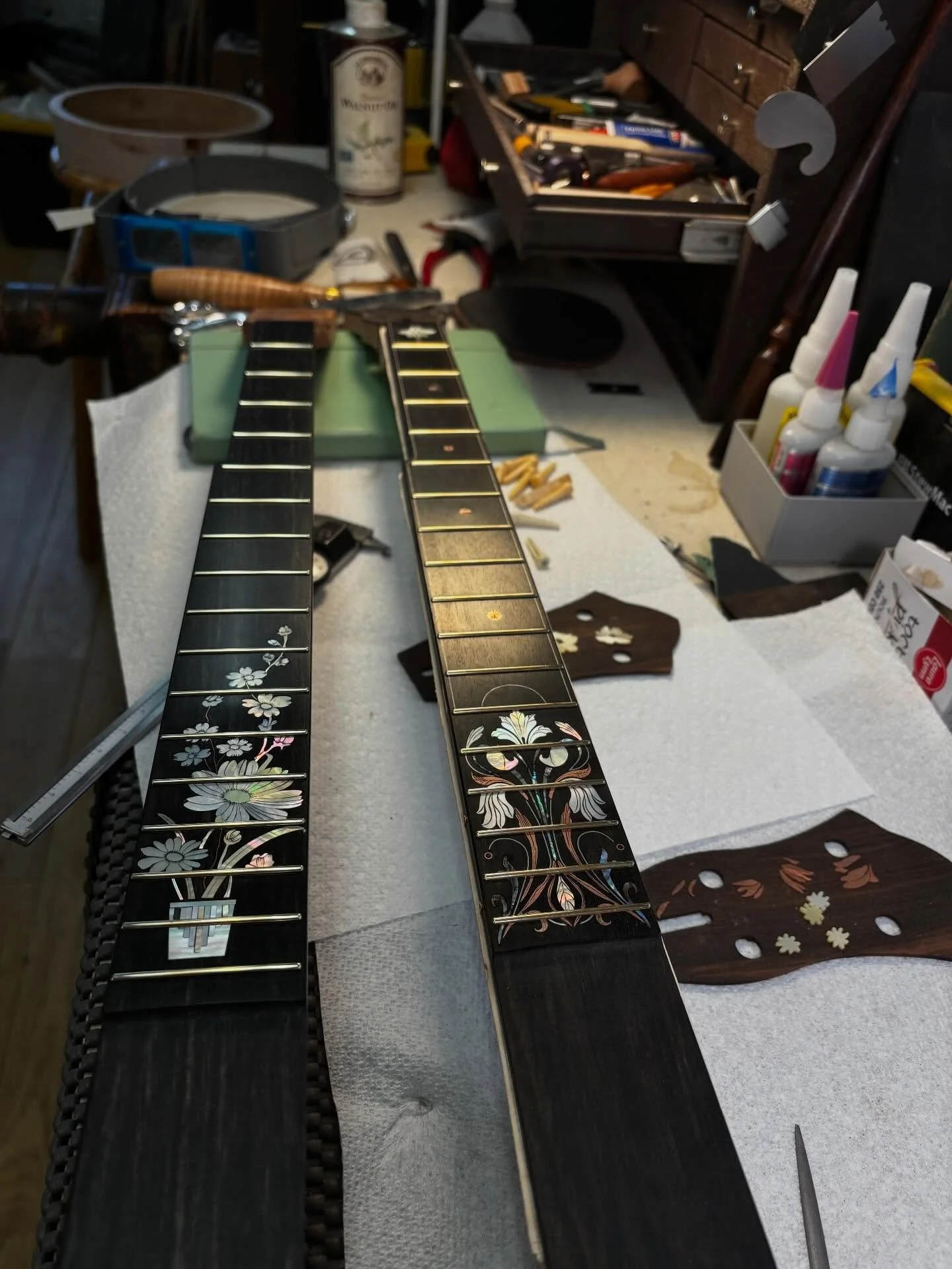 Rainy Day Fretboards. #luthiery #banjo #inlay #pearl