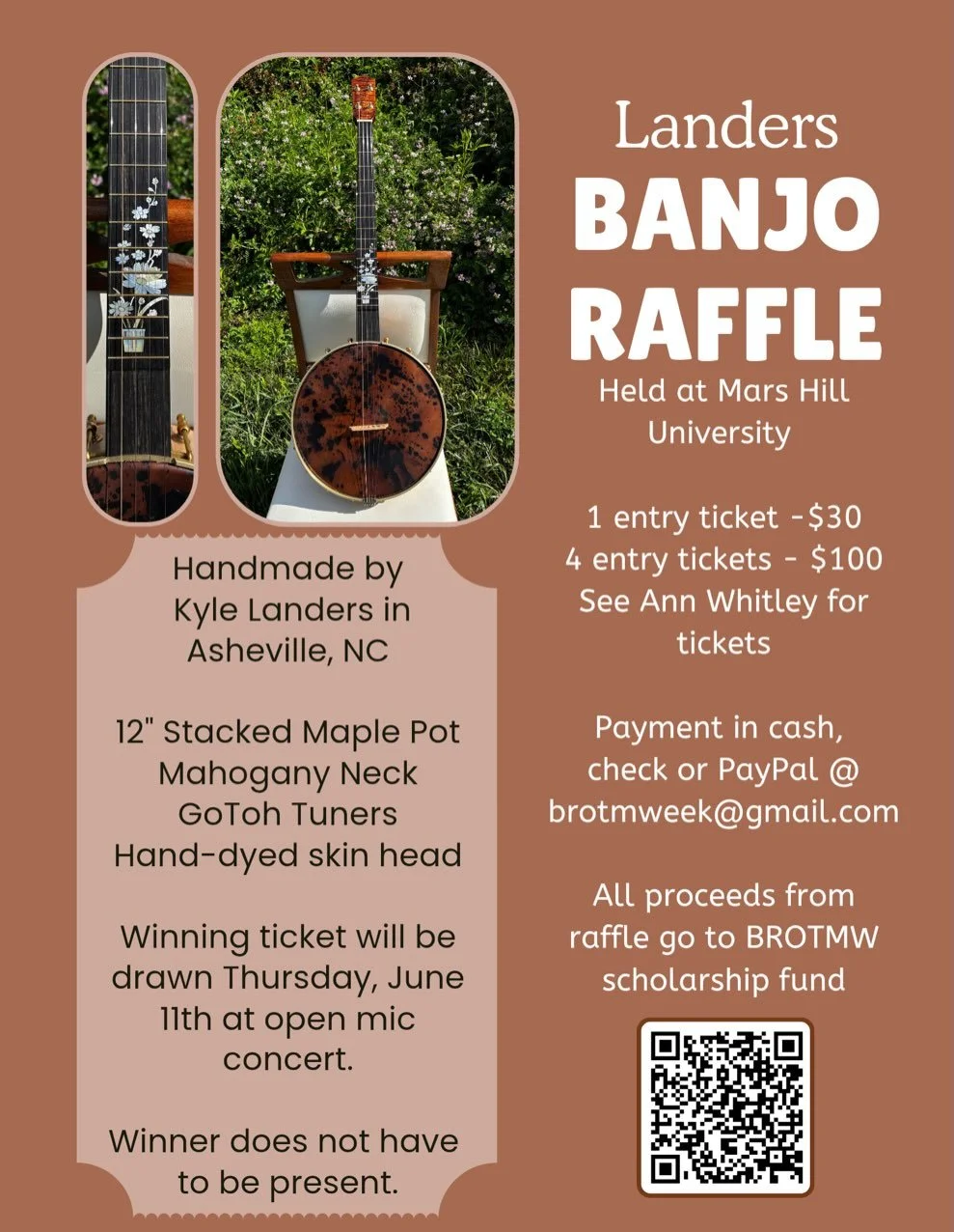 Mars Hill Old Time Week is upon us! This banjo is this years raffle banjo, everything donated goes straight to the scholarship fund for Old Time Week. This is a really sweet banjo, made of mahogany, maple and Spanish Cedar. The cool head came from @j