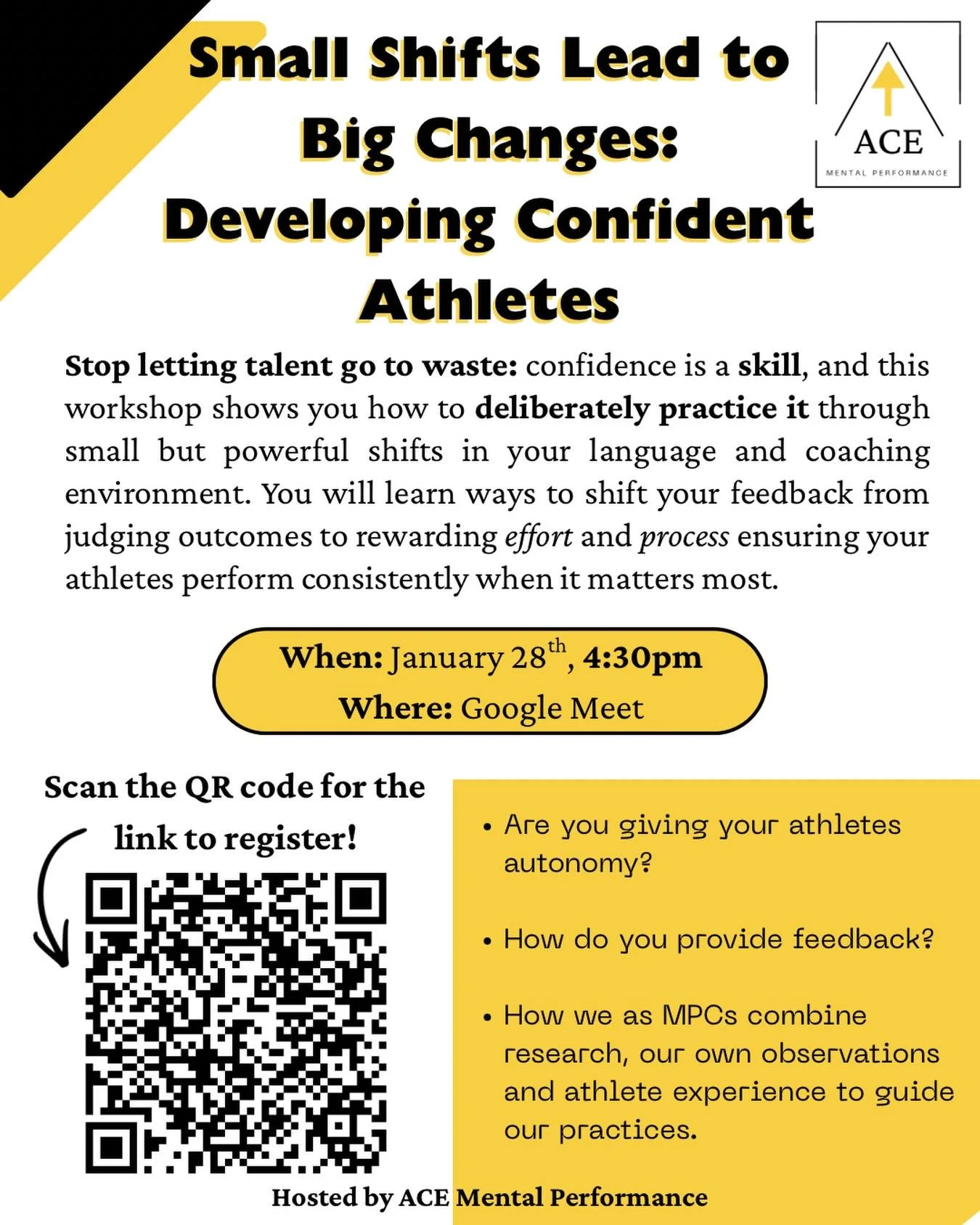 🚨📣Calling All Coaches 🚨📣

Have you noticed that your athletes struggle with confidence? Are you ready to take the next step in building your athletes&rsquo; confidence?

Then this free workshop is for you! Scan the QR code or use the link in our 