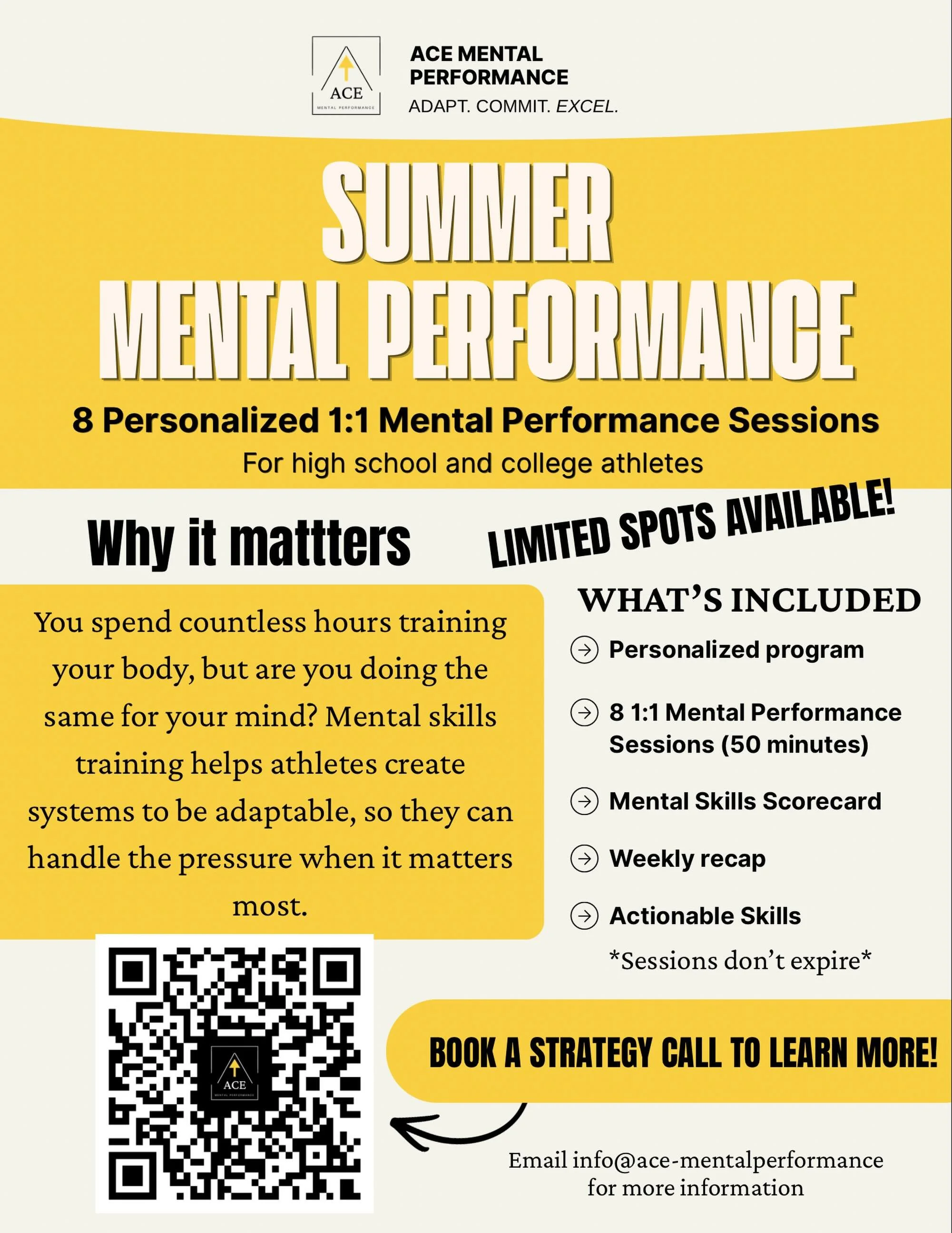 🚨📣Athletes 📣🚨
Don&rsquo;t forget about ACEs summer program. Spots are filling up fast! 

Get access to 8 1 on 1 sessions with a mental performance coach. Develop your ability to be an adaptable athlete ready for whatever your sport throws at you.