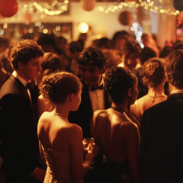 People dancing at a formal event or party with warm lighting and festive decorations.
