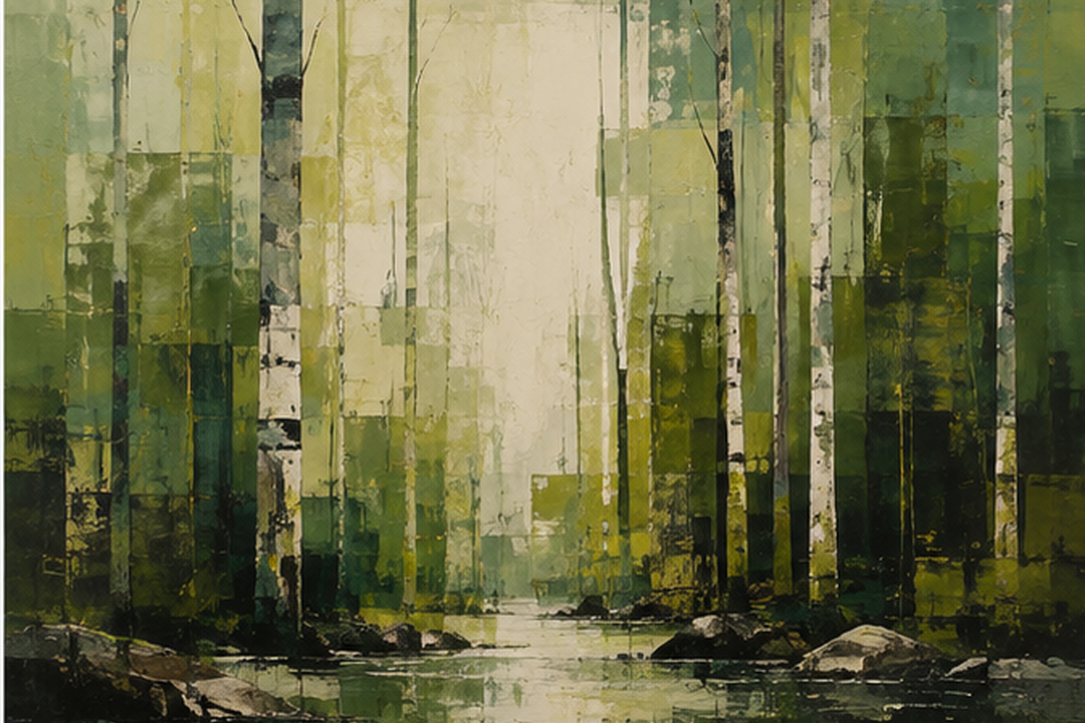 Abstract forest artwork with layered foliage, organic geometry, and atmospheric depth.