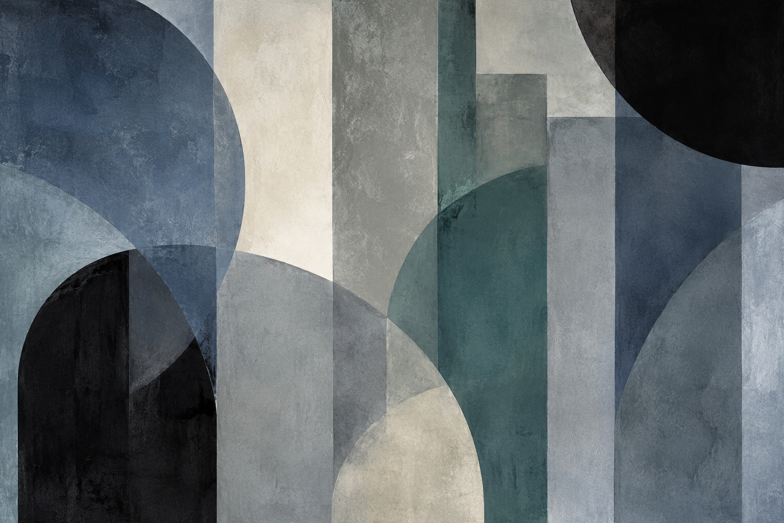 Blue-gray color field composition with soft-edged geometry and overlapping translucent forms.