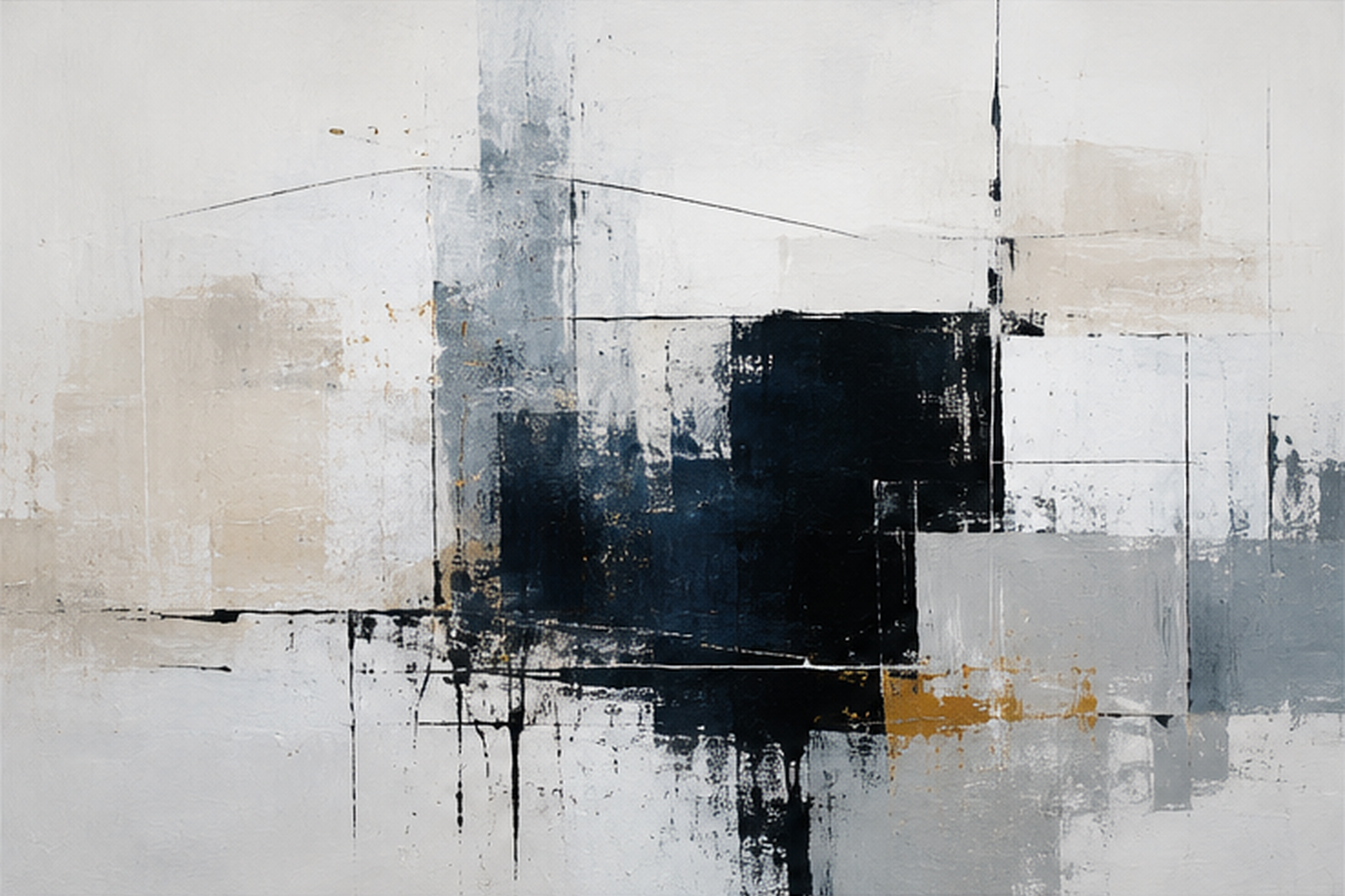 Contemporary abstract artwork with layered neutral fields and deep structural contrast.