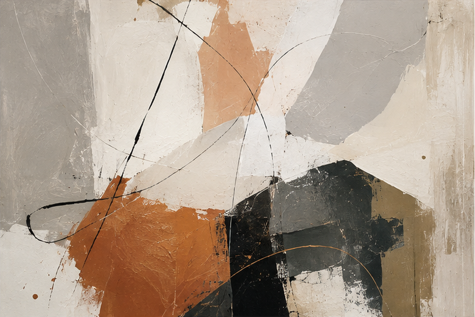 Contemporary abstract composition in warm tones with gestural line and layered texture.