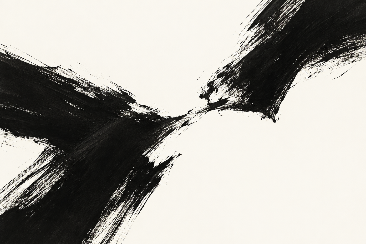 Two broad black dry-brush gestures approach each other across an open white field.