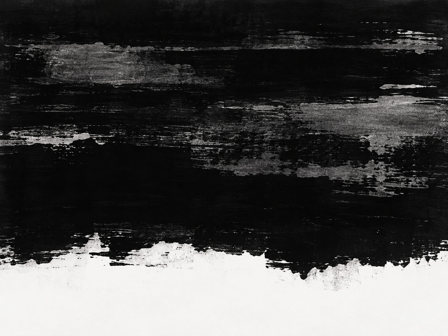 A broad black field is crossed by uneven silver-gray horizontal streaks and ends at a broken white area along the bottom.