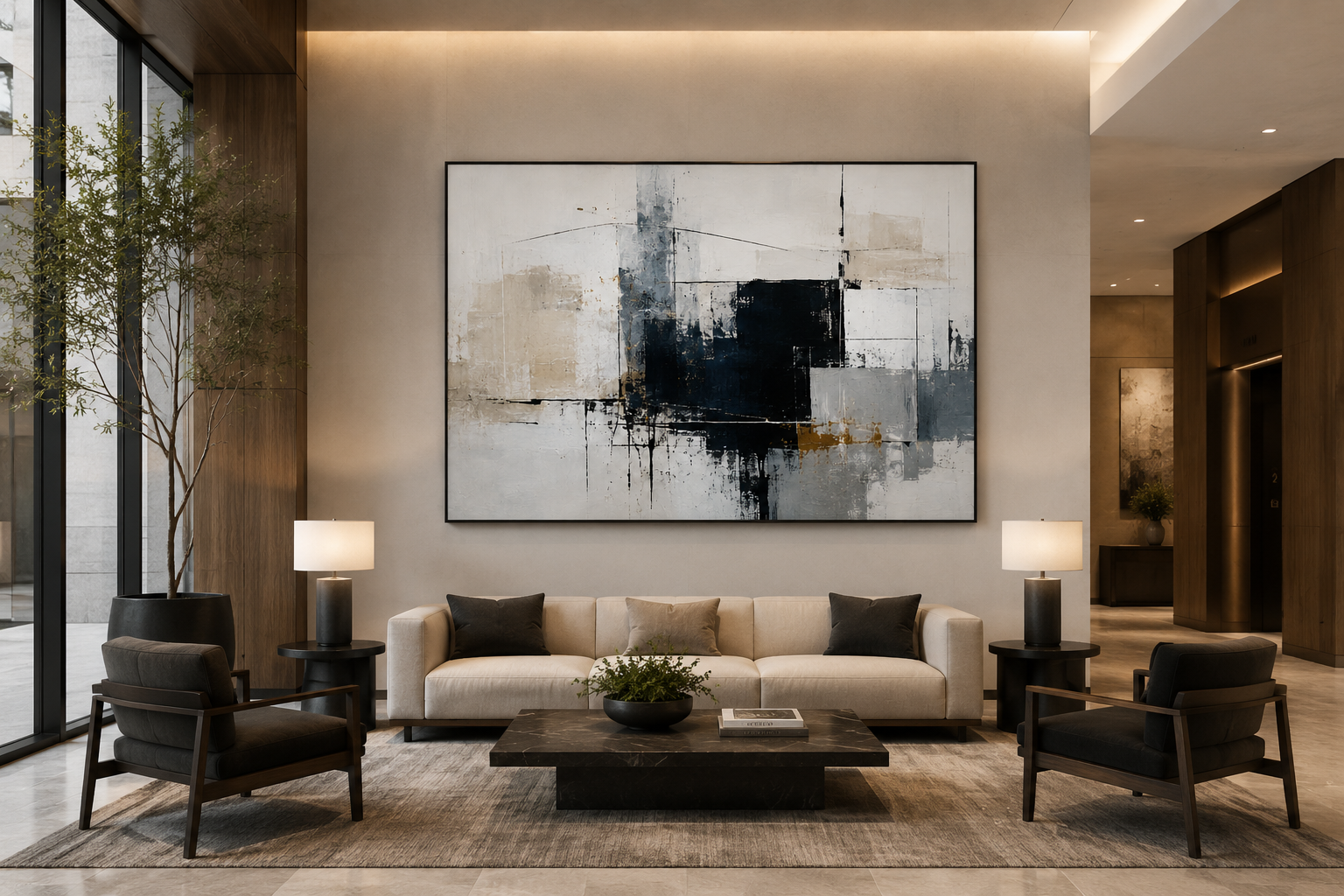 Contemporary abstract artwork installed as a statement piece in a hospitality interior.