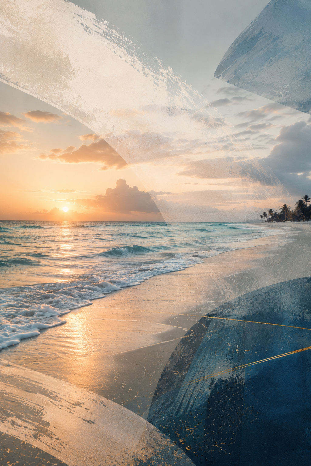 Coastal abstract artwork with layered ocean-blue waves and a luminous horizon.