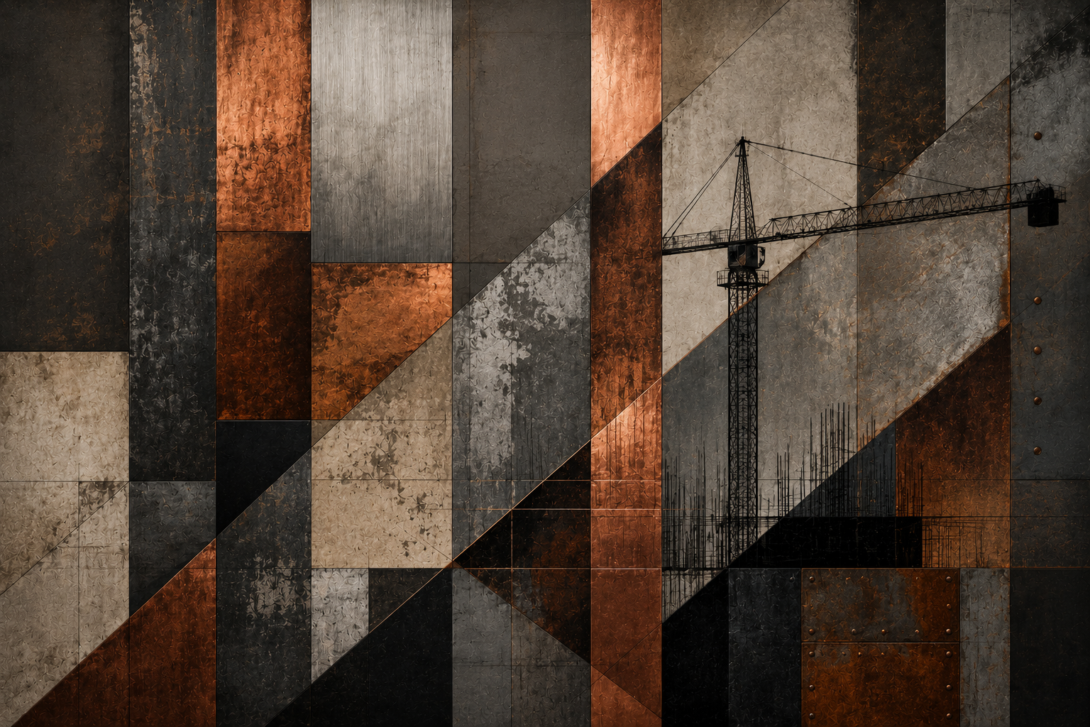 Structural abstract study with geometric fields, industrial textures, and a construction crane.