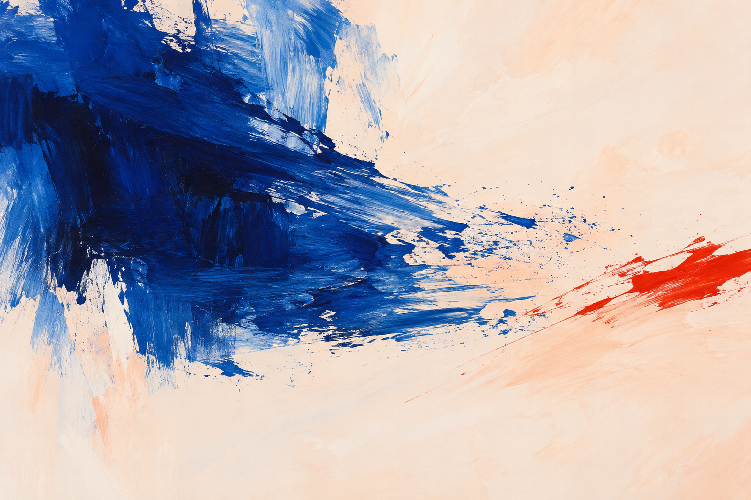 Cobalt and ultramarine brushwork releases across a pale peach field toward a short vermilion stroke.