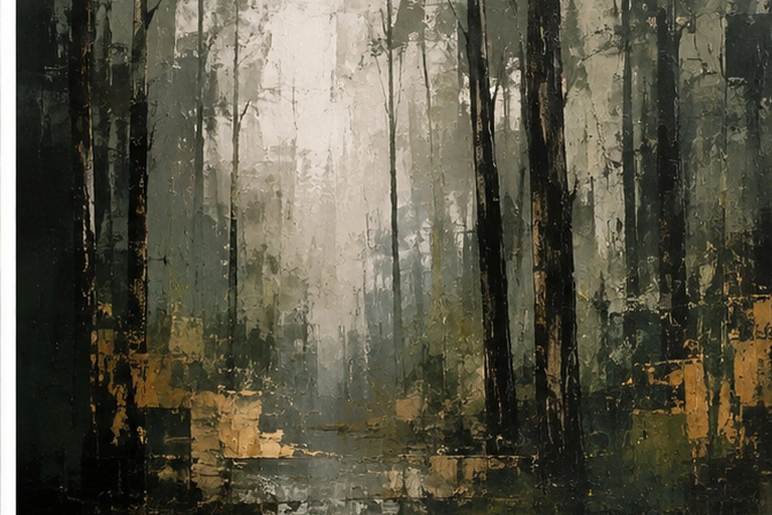 Abstract forest study with dark vertical trees, misty light, and restrained ochre accents.