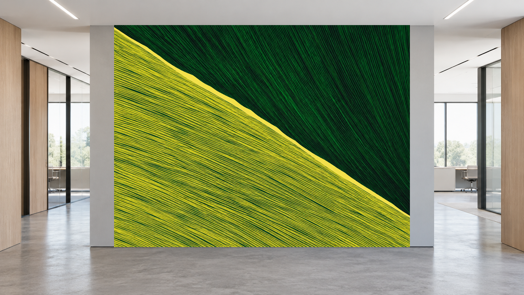 Threaded Green fills a central wall zone between two circulation openings in a fictional commercial interior.
