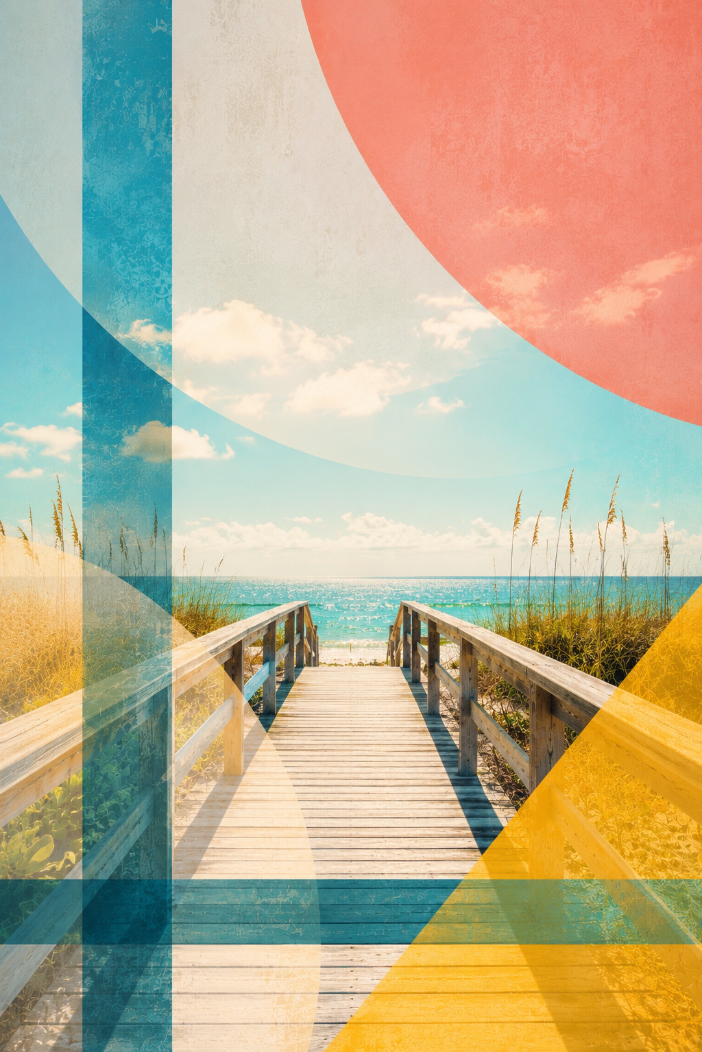 Abstract coastal artwork inspired by a bright dune path, sand tones, and open sky.