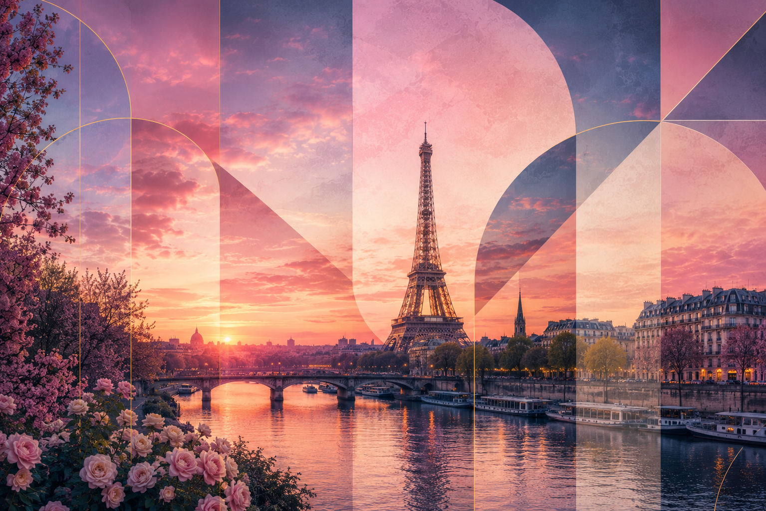 Paris river landscape at pink sunset with a central tower, floral foreground, reflection, and translucent geometric overlays.