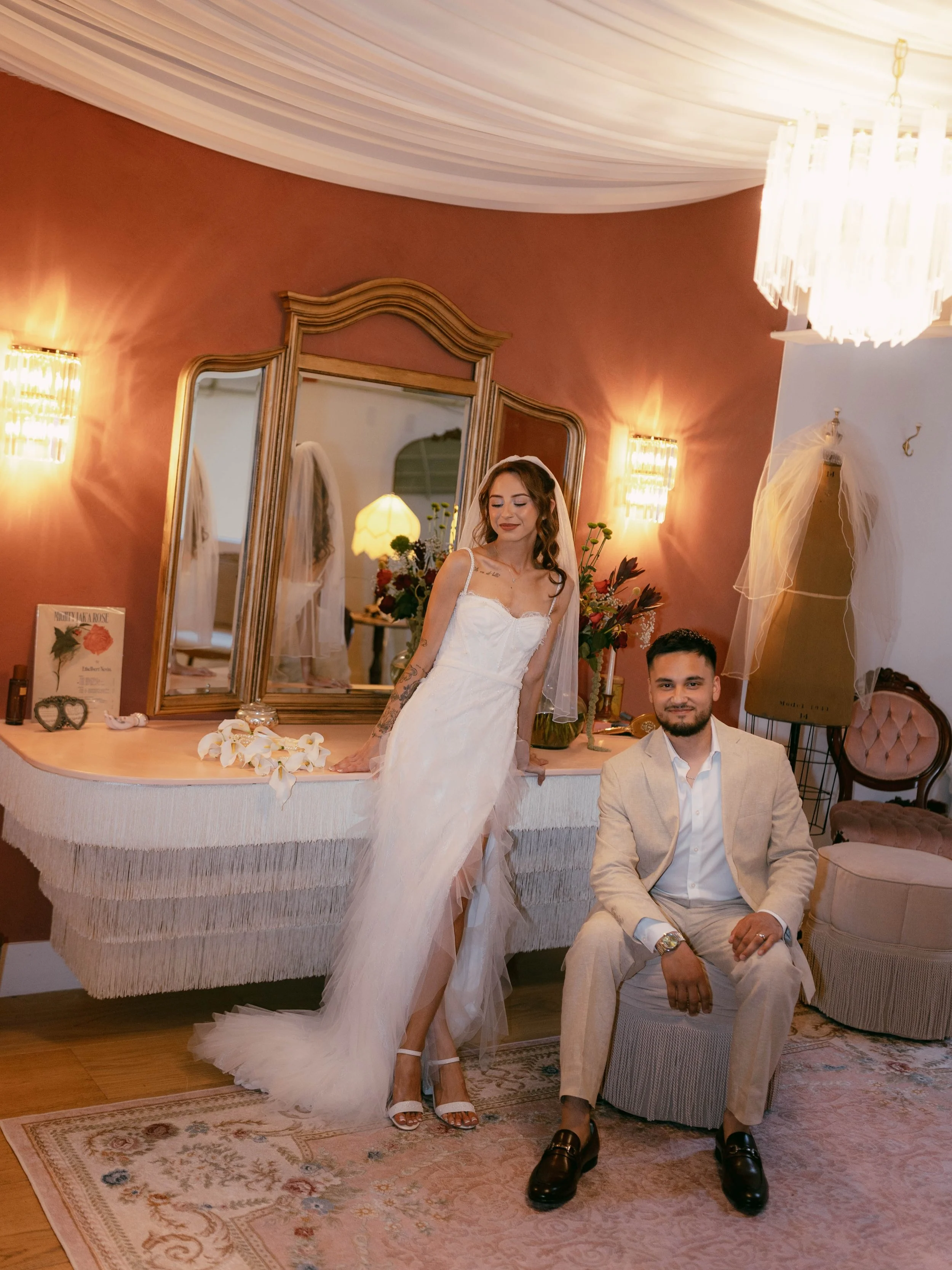 The Sweethearts Suite 💌

A private, romantic escape located in our upstairs loft. Includes a custom built fringe vanity, ornate mirrors, a built-in fridge, oversized sink, curated seating, delicate vintage details and the feeling that you&rsquo;ve d
