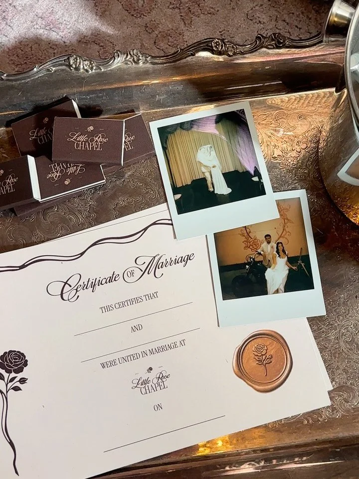 We wholeheartedly believe physical memories still matter.

Which is why every Little Rose Chapel package includes a keepsake marriage certificate and an authentic Polaroid photo from your wedding day.

One Polaroid not enough? &rarr; Add-on the set o