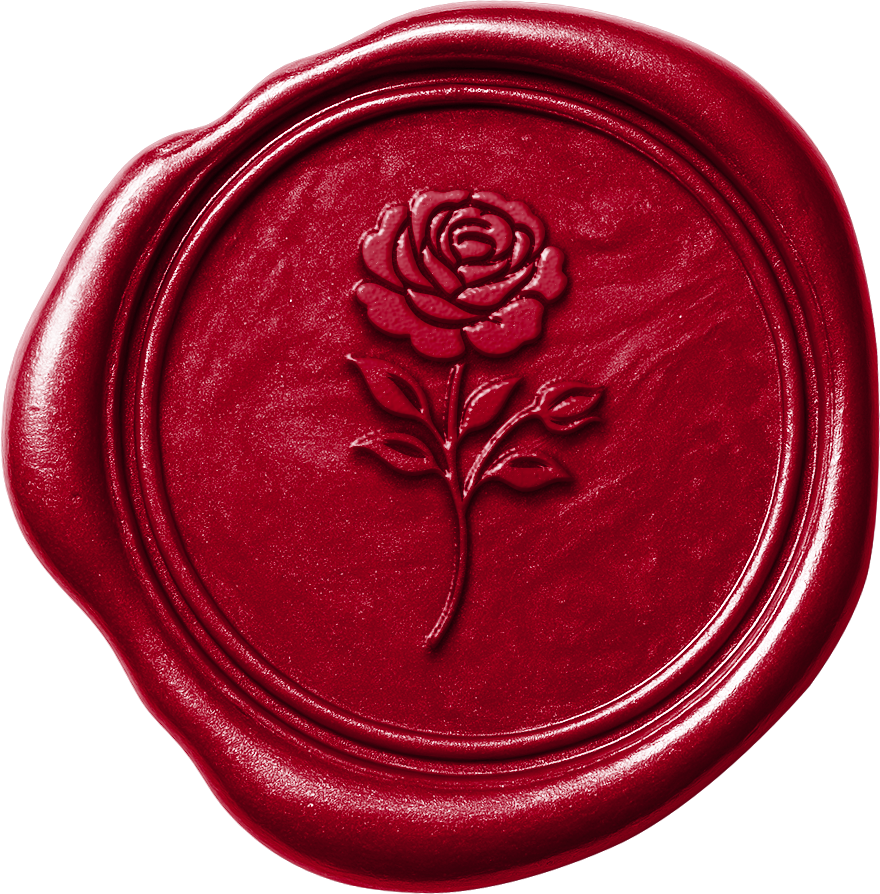 Close-up of a red wax seal with an embossed rose design.