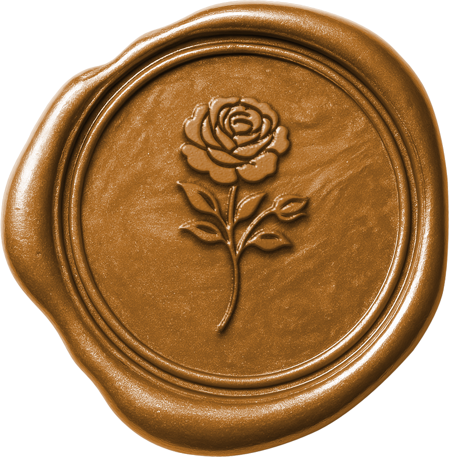 A close-up of a round, golden wax seal with a rose embossed in the center.
