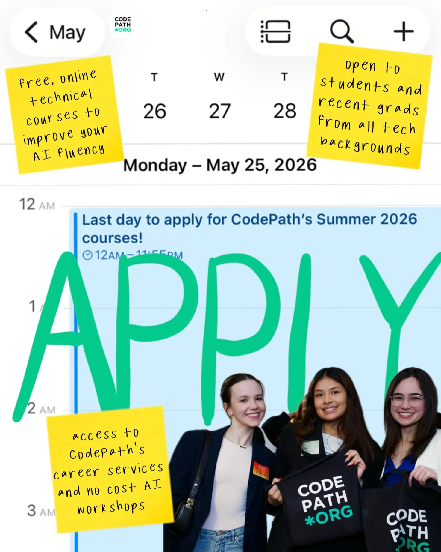 @codepathorg is still accepting applications for the final spots in their FREE Summer 2026 courses 👾☀️

If you&rsquo;re trying to strengthen your resume, build real technical projects, or prepare for recruiting season, this is one of the best free p