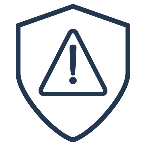 Warning icon with an exclamation mark inside a triangle on a shield background indicating alert or caution.