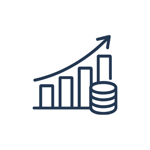 Line graph with an upward trend, bar chart, and a stack of coins indicating financial growth.