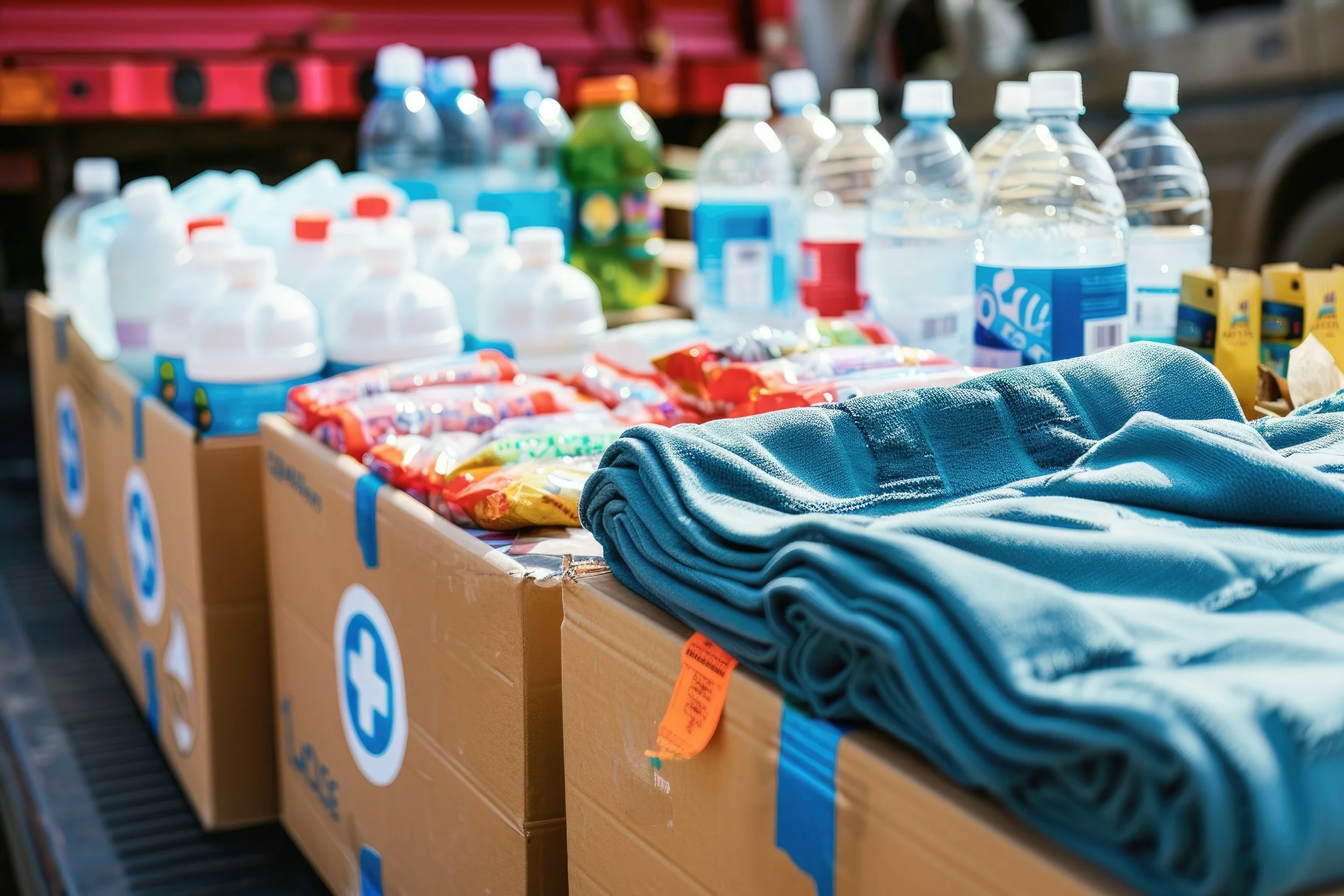 Boxed supplies including bottled water, snacks, a folded blanket, and other essentials at a charity or rescue organization.