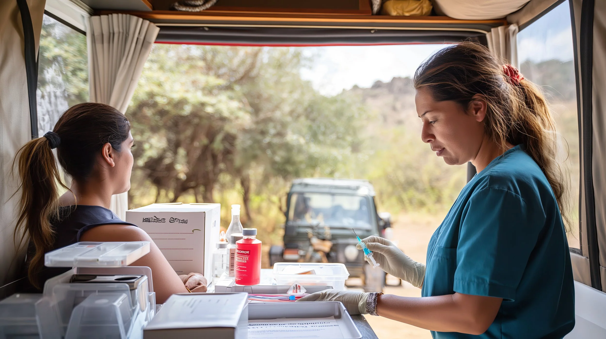 A woman in a blue medical gown receiving a vaccine from a healthcare professional wearing gloves inside a vehicle with open curtains, with medical supplies on the table and outdoor scenery visible through the open side.