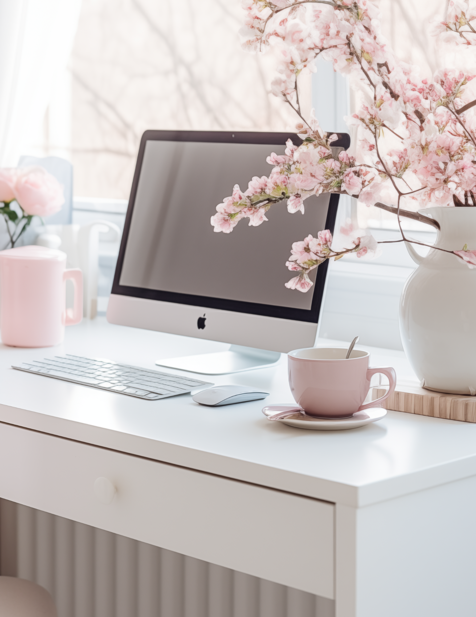 desktop computer with cherry blossoms and pink cup of tea