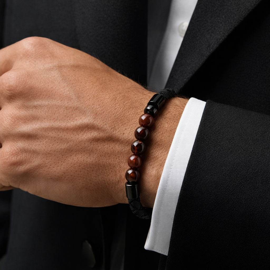 Close-up of a person's wrist wearing a black beaded bracelet with brown beads and black cylindrical beads, dressed in a black suit with a white shirt.