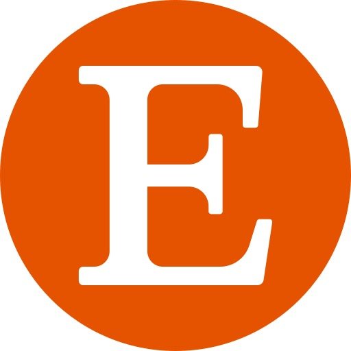 An orange circular background with a white capital letter E in the center.