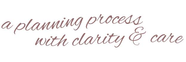 Text that reads 'a planning process with clarity & care' in a cursive font on a dark background.