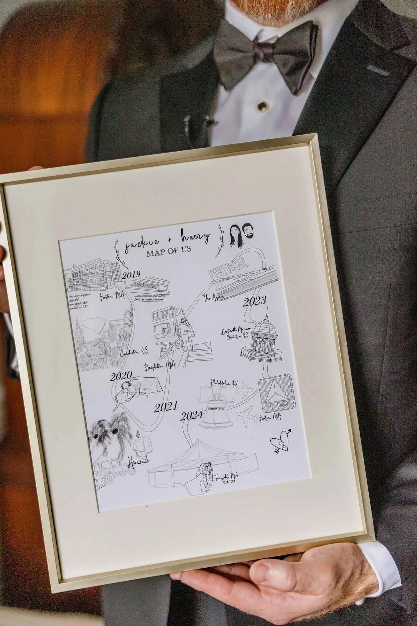A person in a tuxedo holds a framed map titled 'Jackie + Harry Map of Us' featuring a timeline of travels from 2019 to 2024 with sketches of different locations and symbols.