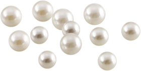 A collection of white pearls arranged with some floating and some resting on a surface.