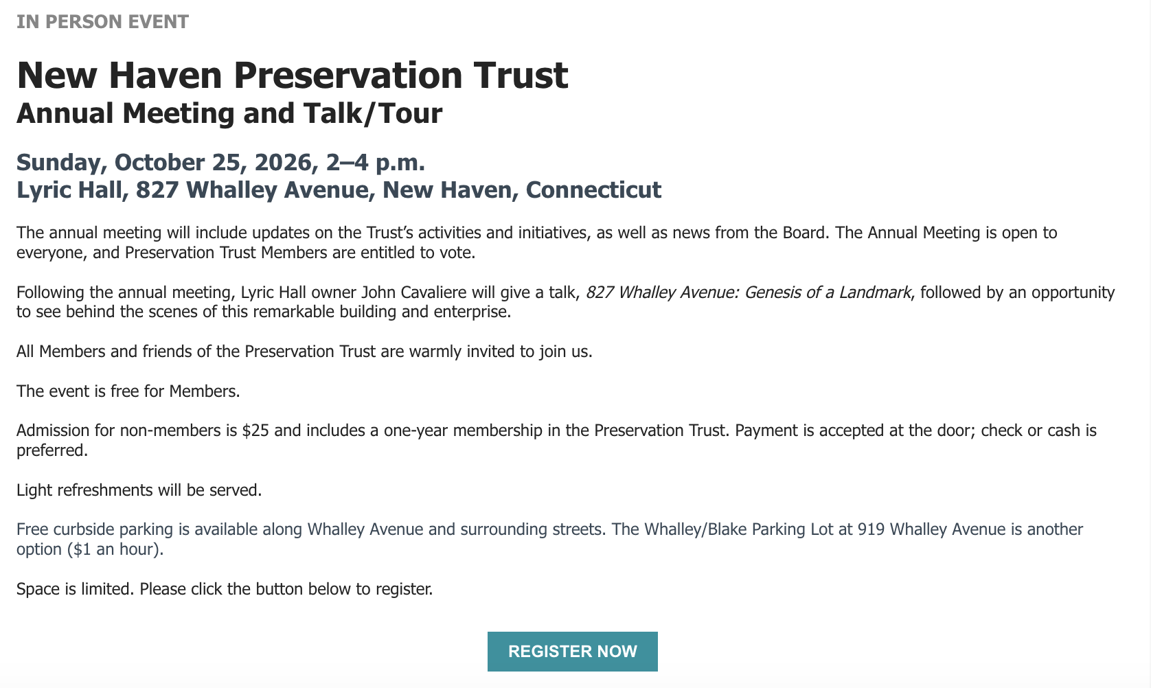 New Haven Preservation Trust Annual Meeting and Talk/Tour