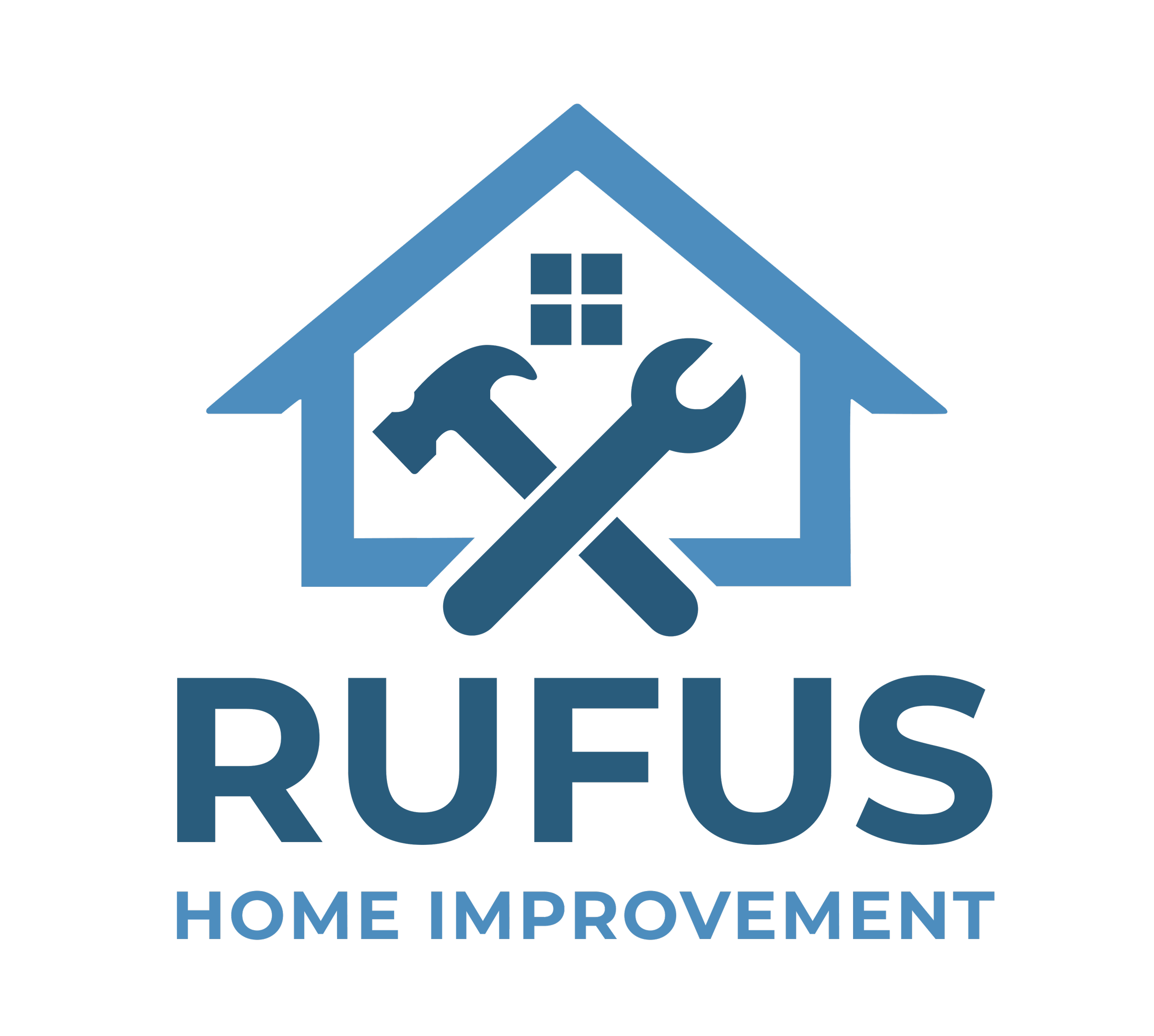 RUFUS Home Improvement logo featuring a house outline with a hammer and wrench crossed inside, and the words 'RUFUS Home Improvement' below.