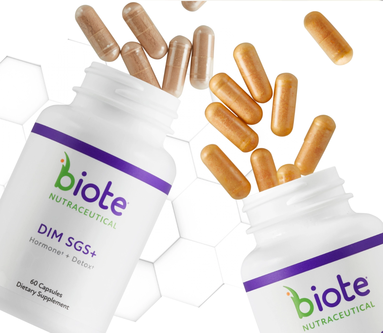 Open bottles of dietary supplement capsules labeled 'biote nutraceutical DIM SGS+ Hormone + Detox' with capsules spilling out against a white hexagonal tiled background.