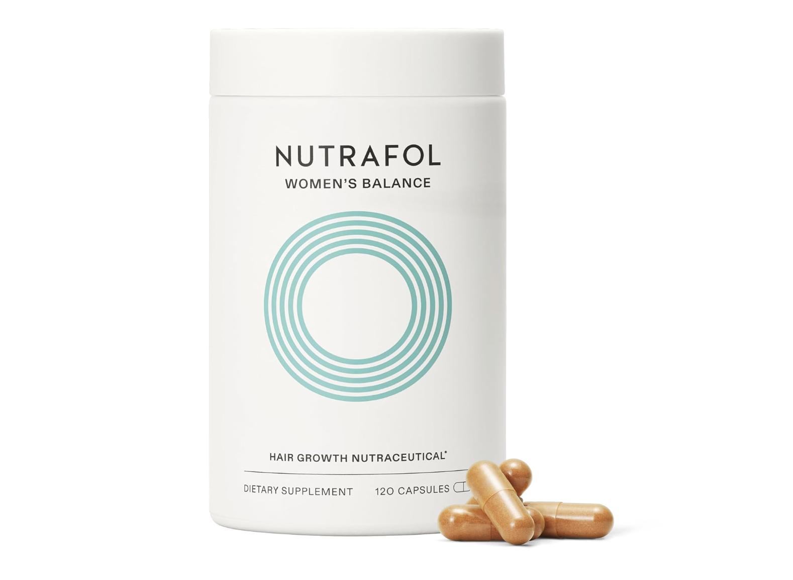 A white dietary supplement bottle labeled 'NUTRAFOL Women's Balance' with a circular design on the front. In front of the bottle are some brown capsules.