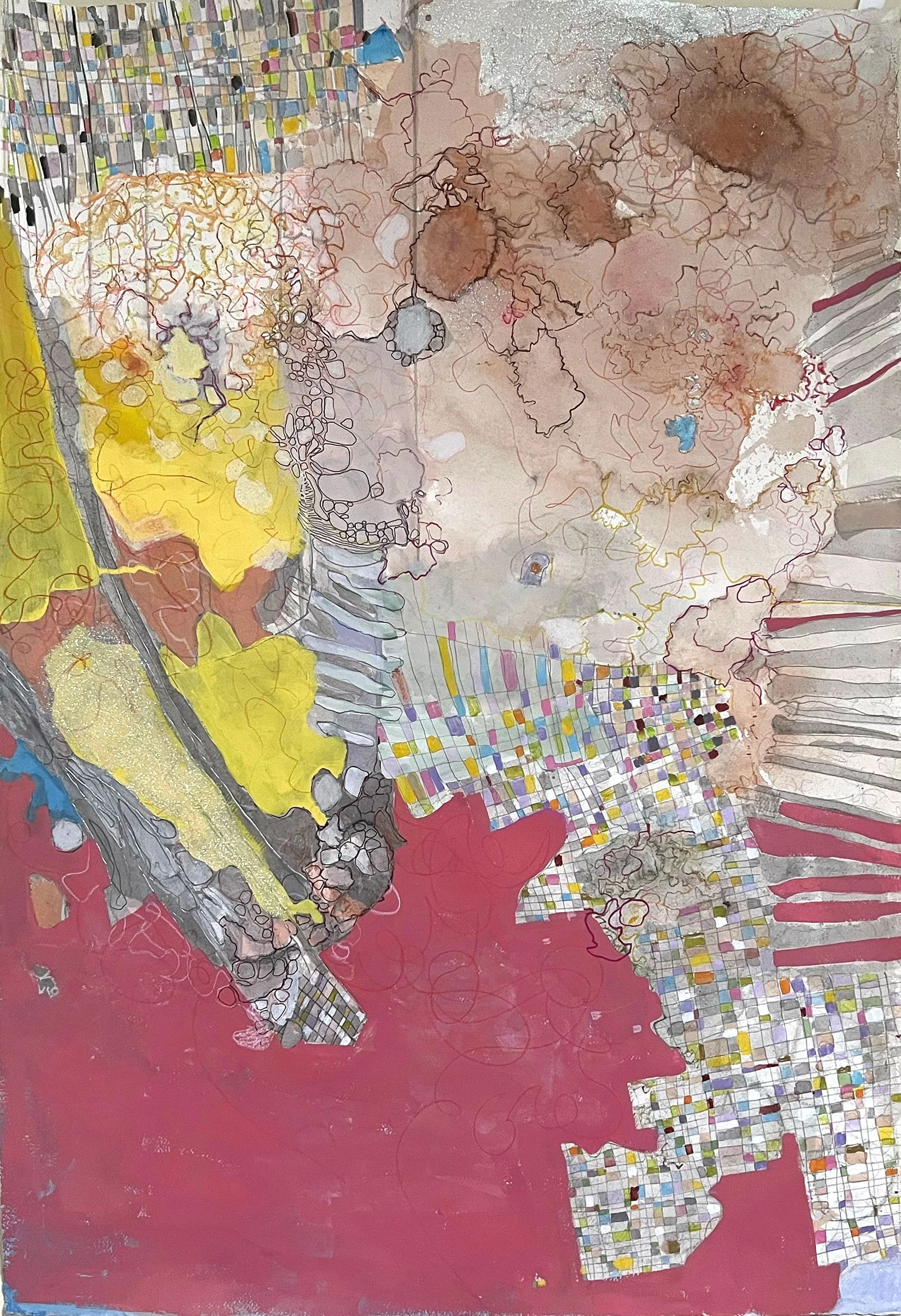 Fragments of a Mixed Up World, 2026
28 x 36 inches, Ink, pencil, watercolor, watercolor pencil, gouache, glitter