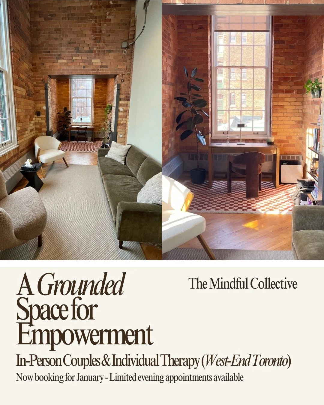 I&rsquo;m offering in-person sessions for individuals and couples, with limited evening availability starting January.

This is a grounded, calm space designed to support deeper work - whether you&rsquo;re navigating low self-esteem, relationship cha