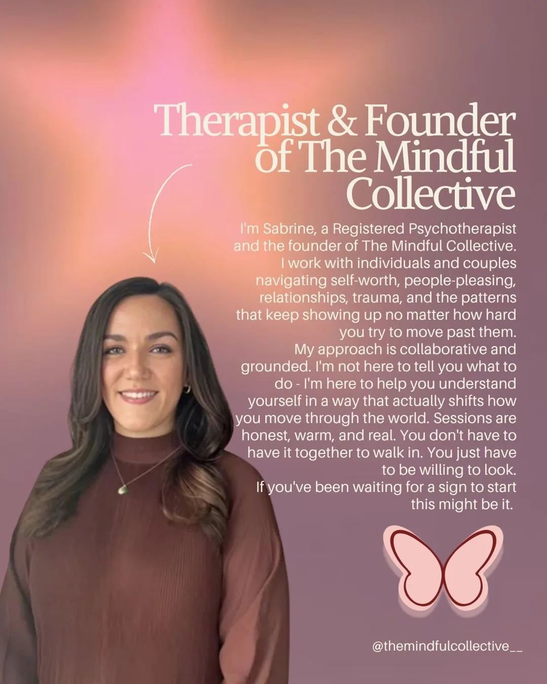Hi, I&rsquo;m Sabrine ~ a Registered Psychotherapist and the founder of The Mindful Collective. We have recently rebranded and I&rsquo;m so excited to share our new website and reintroduce myself 👋🏼
I work with individuals and couples who are navig