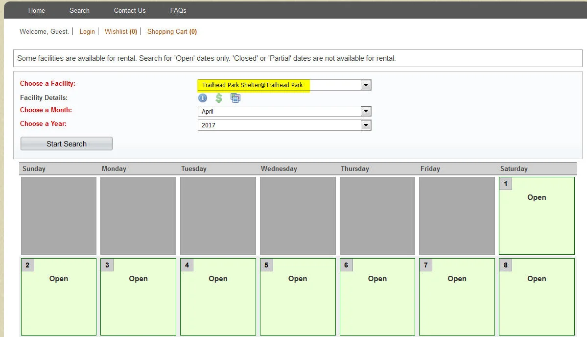 Select Trailhead Park Shelter and your desired date.