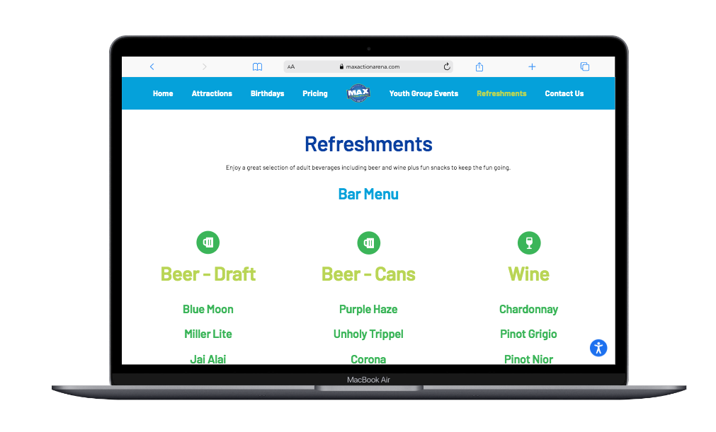 Screenshot of a webpage titled 'Refreshments' displaying a bar menu with categories for Beer - Draft, Beer - Cans, and Wine, listing various beverage options under each category.