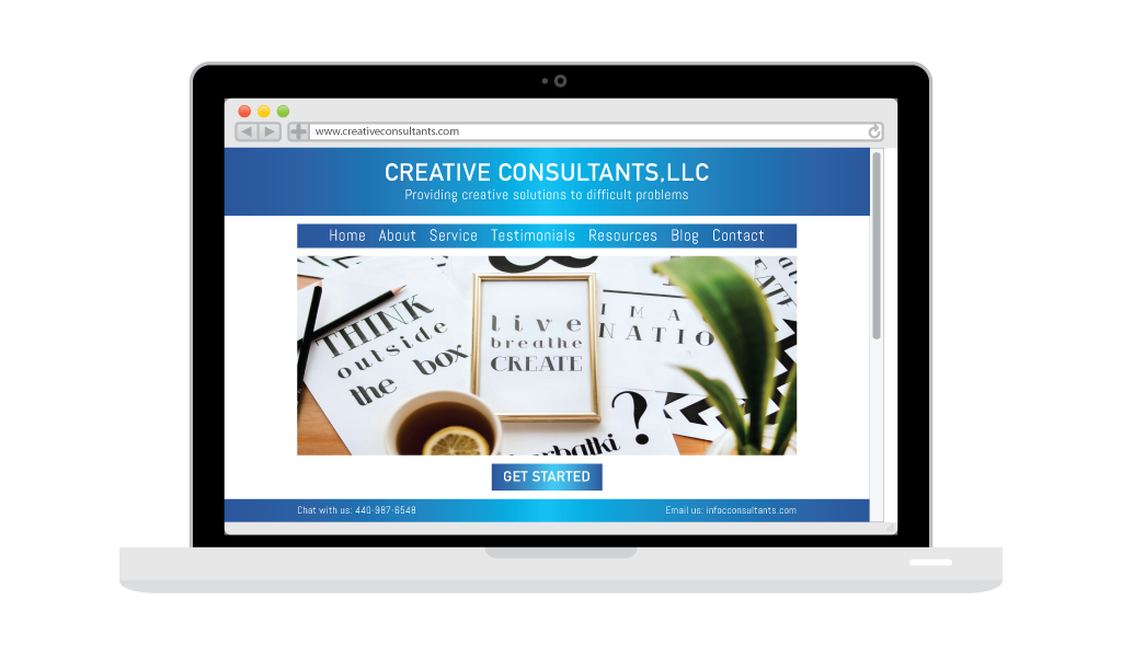Computer screen displaying a website for Creative Consultants, LLC, with a blue header, navigation menu, and an image of office supplies and plants.